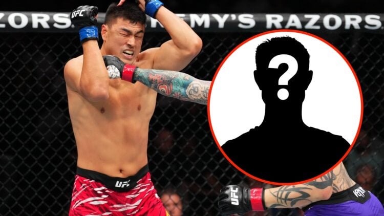 Zhang Mingyang takes a right hand punch from Anthony Smith with a mystery icon covering Smith