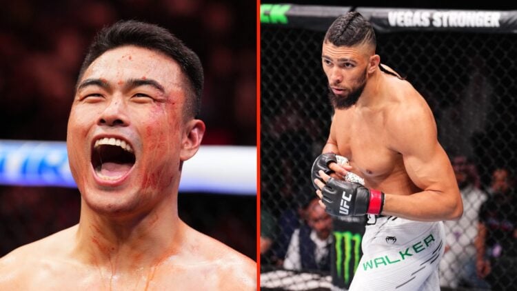 Zhang Mingyang laughs with blood on his face and Johnny Walker in the octagon