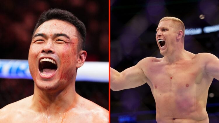Zhang Mingyang laughs with blood on his face and Sergei Pavlovich celebrates his victory at UFC 277