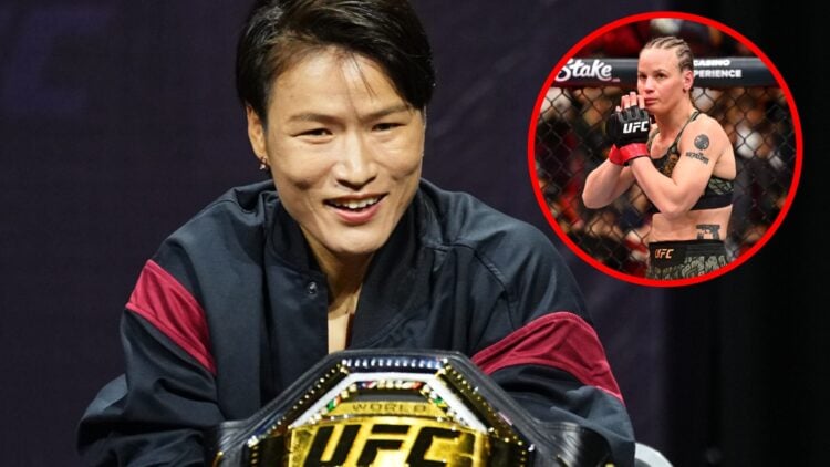 Zhang Weili speaks at the UFC 312 press conference, inset of Valentina Shevchenko interacting with the crowd at UFC 315.