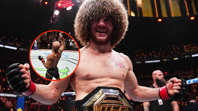 Merab Dvalishvili at UFC 311, with inset of Demetrious Johnson at UFC 216