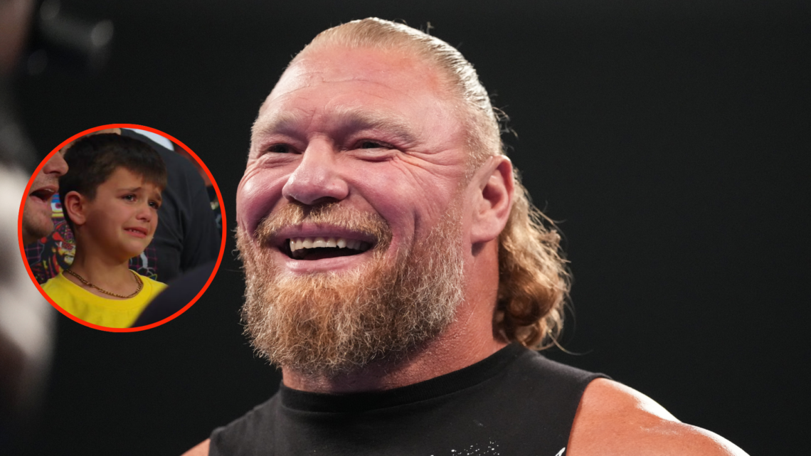 Brock Lesnar during WWE Smackdown, inset of John Cena fan crying at Wrestlepalooza