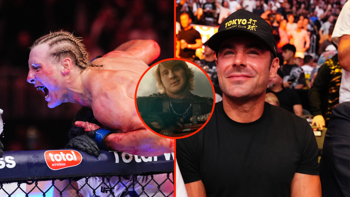 Split image of Paddy Pimblett celebrating Michael Chandler win, Zac Efron at UFC 314, with inset of Paddy Pimblett in Battlefield 6 trailer