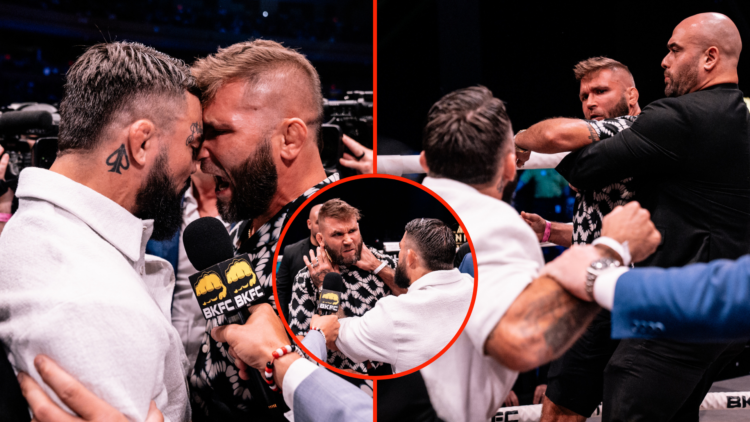 Split image of Mike Perry and Jeremy Stephens getting into scuffle at BKFC 80, with inset