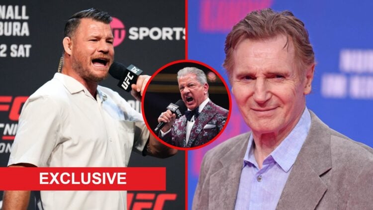 Split image of Michael Bisping with UFC mic and Liam Neeson at 'The Naked Gun' premiere with an inset of Bruce Buffer and exclusive label