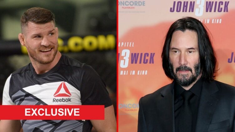 Split image of Michael Bisping training and Keenu Reeves at a media event with exclusive label