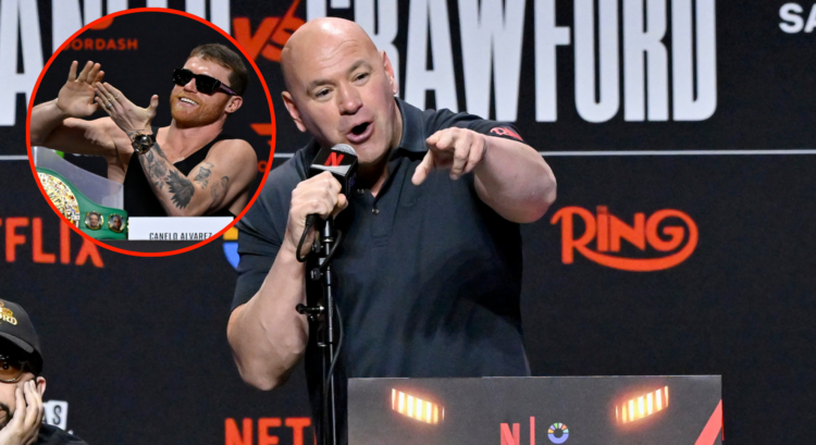Dana White aggressively speaks to a reporter at the Canelo v Crawford press conference, with bubble showing Canelo Alvarez rubbing his hands together