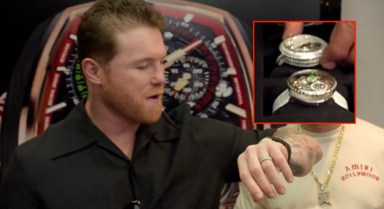 Canelo Alvarez looks at a watch on his arm, with a block photo showing other watches