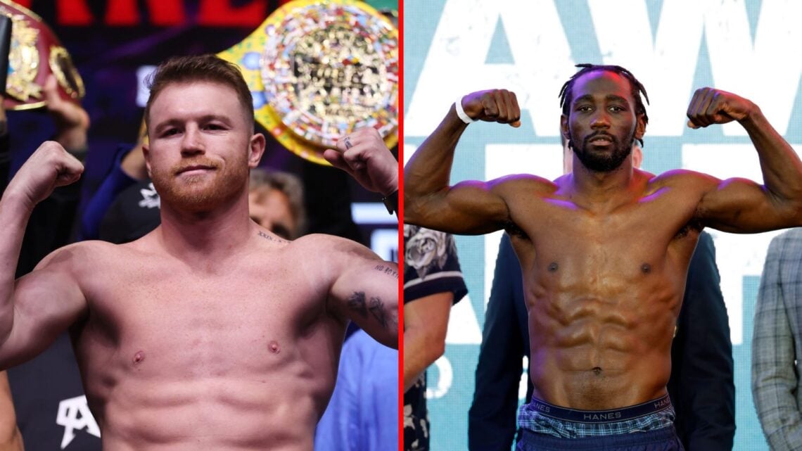 Split image of Canelo Alvarez and Terence Crawford weighing-in