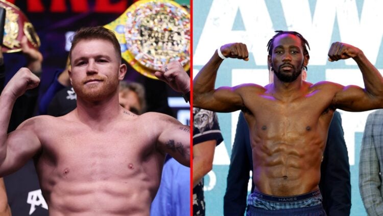 Split image of Canelo Alvarez and Terence Crawford weighing-in