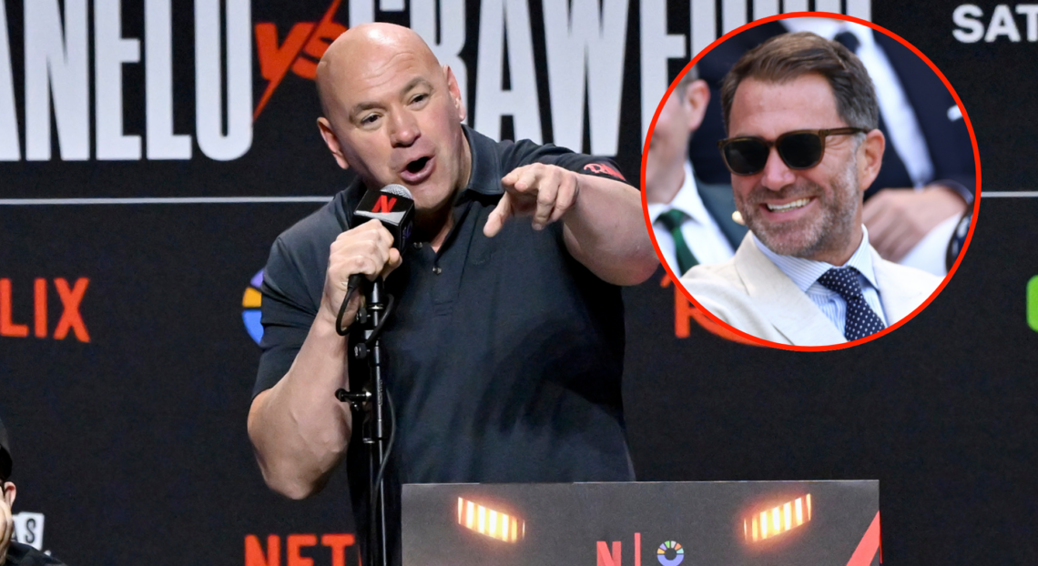 Dana White at a press conference pointing to someone. Bubble shows Eddie Hearn laughing