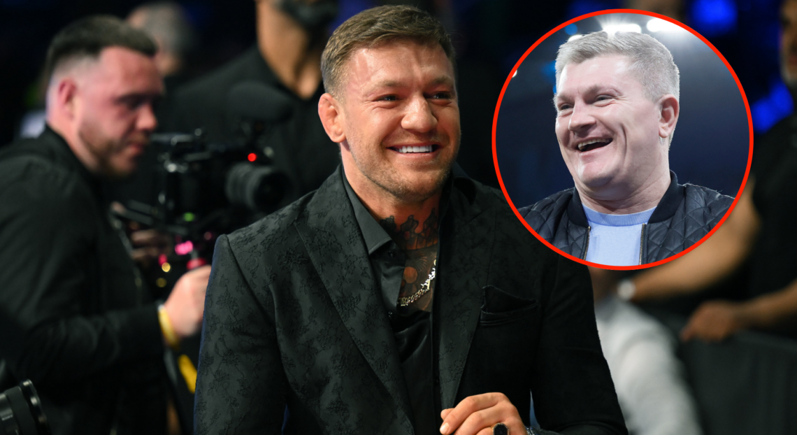 Conor McGregor in a black suit at a fight, with bubble showing Ricky Hatton laughing while attending a Manchester City game