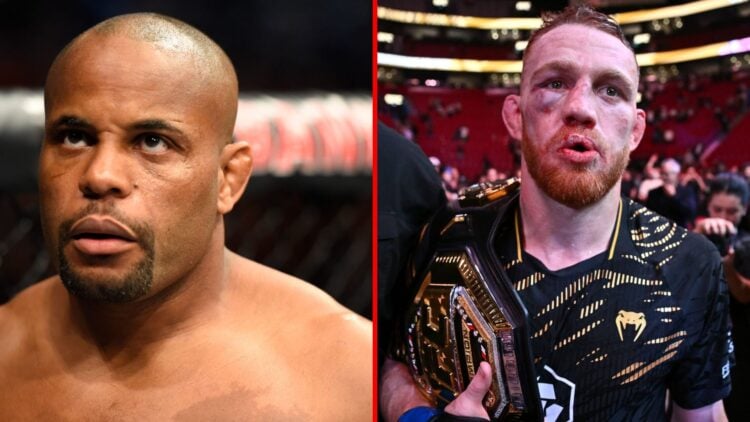 Split image of Daniel Cormier in the cage and Jack Della Maddalena with UFC belt