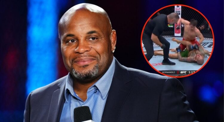 Daniel Cormier on the Contender Series broadcast, inset screenshot of Alexander Hernandez knocking out Diego Ferreira