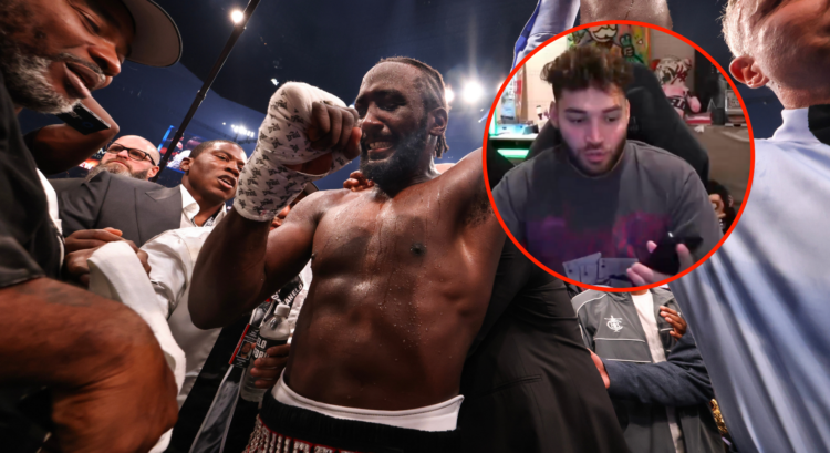 Main photo shows Terence Crawford celebrating his win, with bubble showing Adin Ross taking a phone call