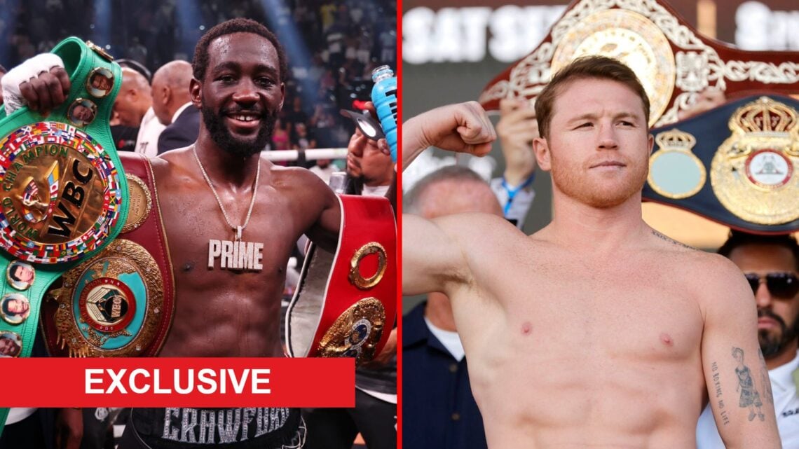 Split image of Terence Crawford with belts and Canelo Alvarez weighing-in with exclusive label