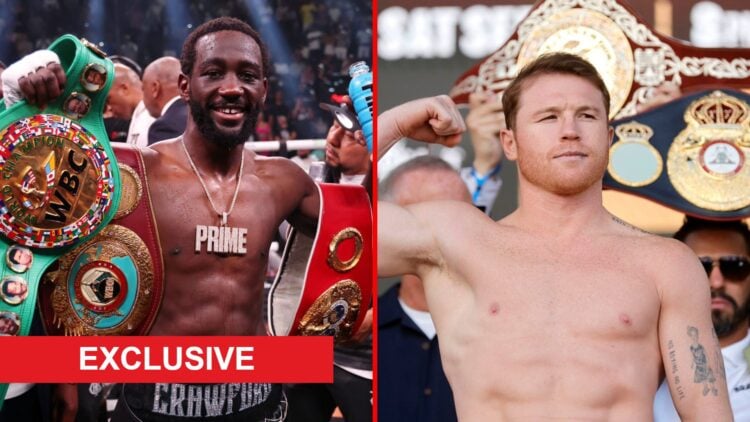 Split image of Terence Crawford with belts and Canelo Alvarez weighing-in with exclusive label