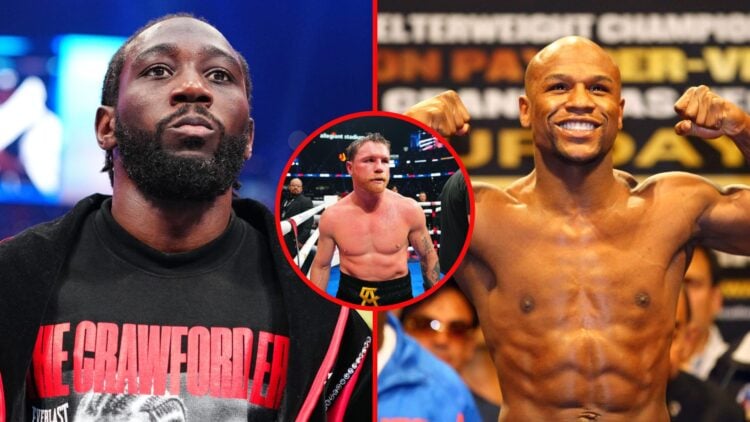 Split image of Terence Crawford ring-walking and Floyd Mayweather weighing-in with an inset of Canelo Alvarez