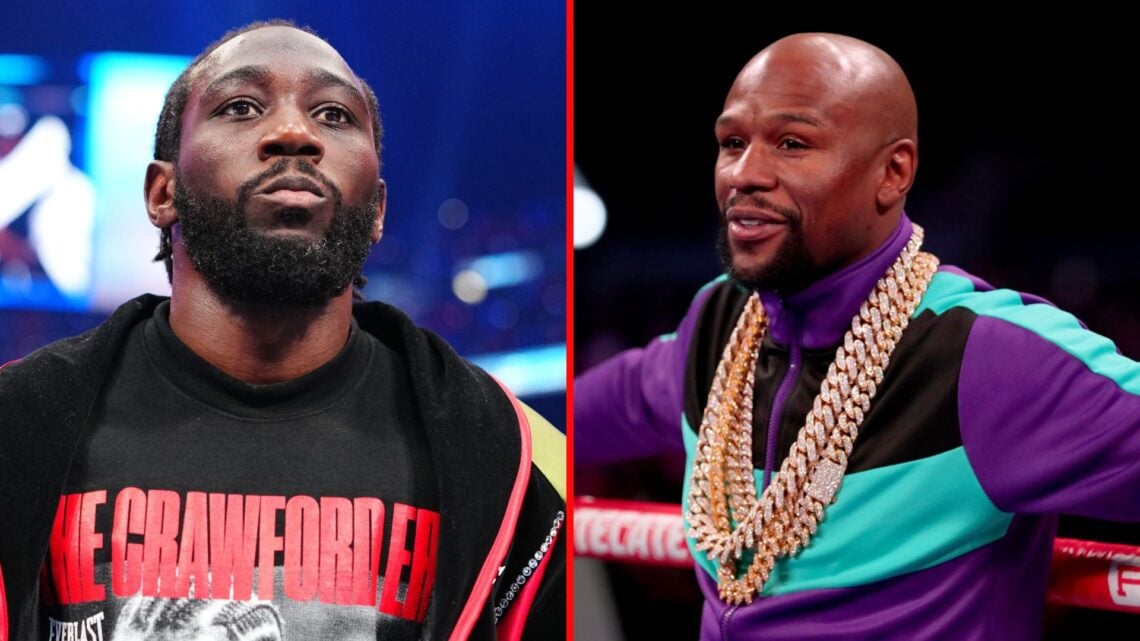 Split image of Terence Crawford and Floyd Mayweather inside the ring