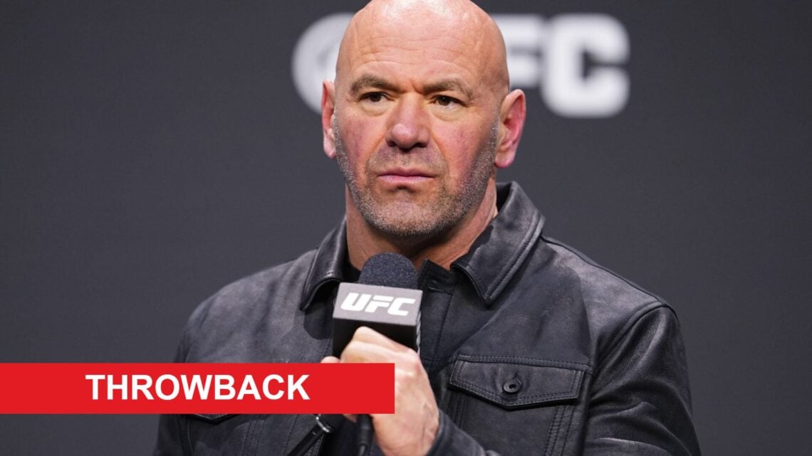 Dana White at UFC press conference with throwback label