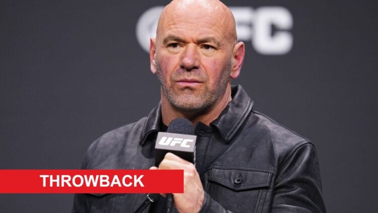 Dana White at UFC press conference with throwback label