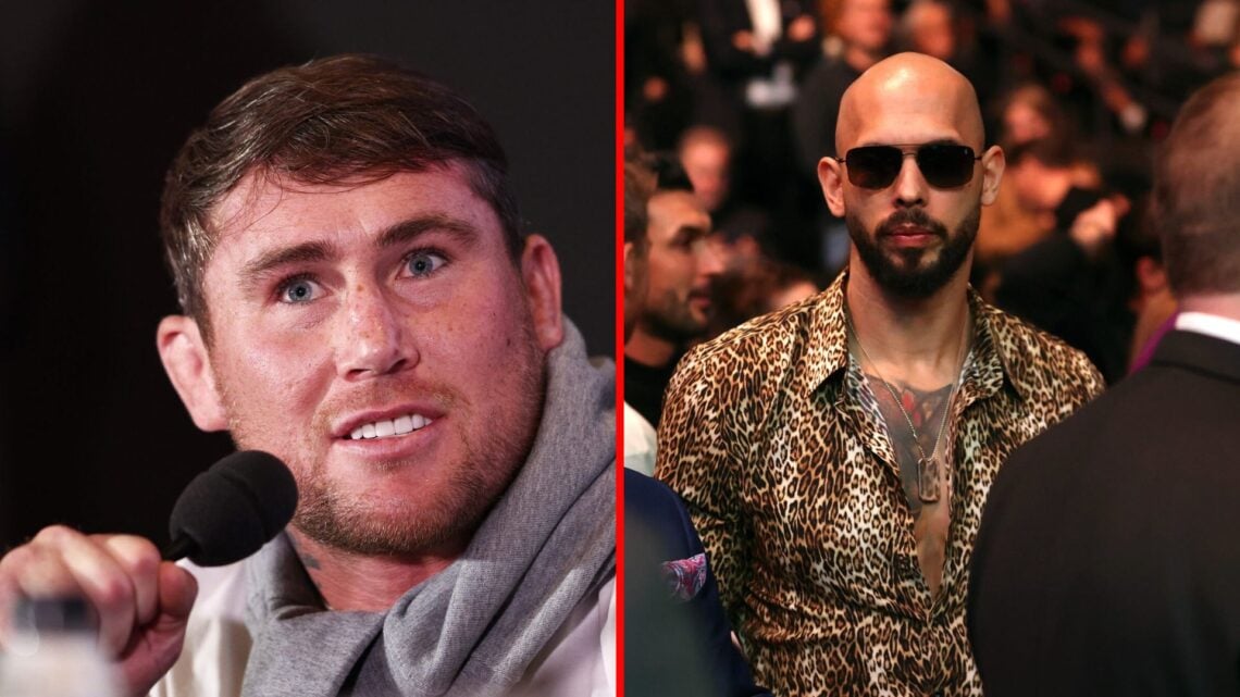 Split image of Darren Till at a press conference and Andrew Tate at a UFC event