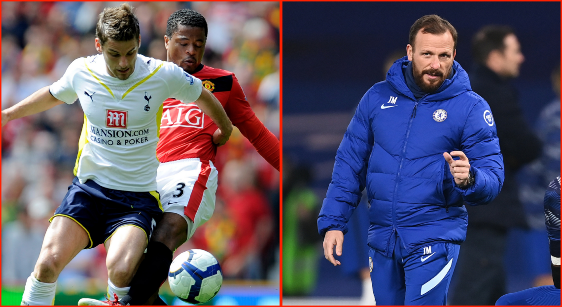 Left: David Bentley takes a ball away from Patrice Evra during Manchester United v Tottenham. Right: Jody Morris coaching at Chelsea
