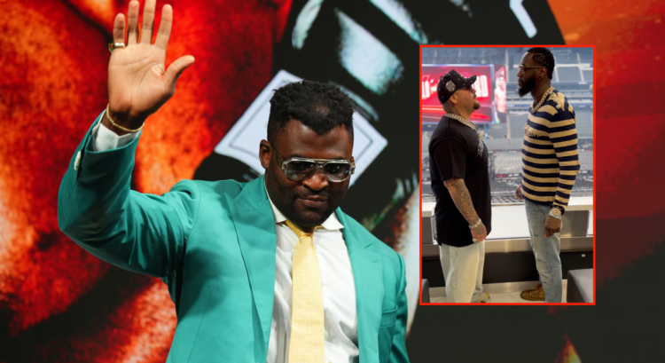 Francis Ngannou in a green suit waves to the crowd, while block shows Andy Ruiz and Deontay Wilder facing off