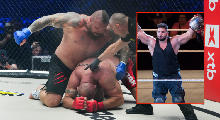 Eddie Hall knocking out Mariusz Pudzianowski at KSW 105. Block photo shows former WWE fighter Gzim Selmani with his belt