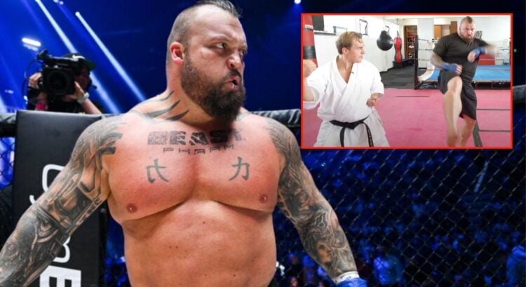 Eddie Hall after his MMA debut win at KSW 105, inset of him training with Jesse Enkamp.