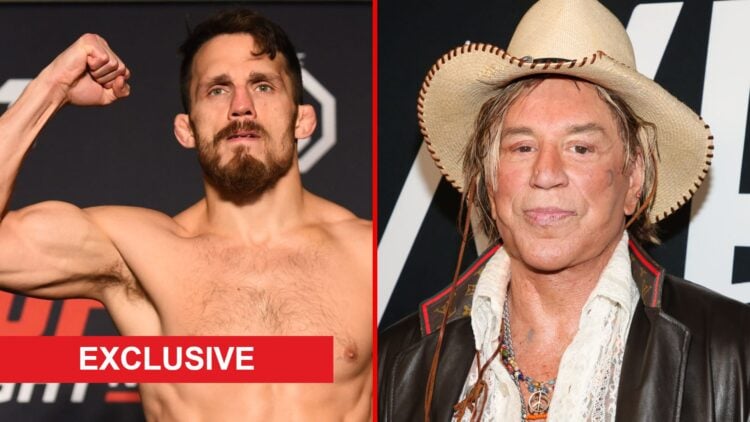 Split image of Jake Ellenbeger weighing-in and Mickey Rourke at an event with exclusive label