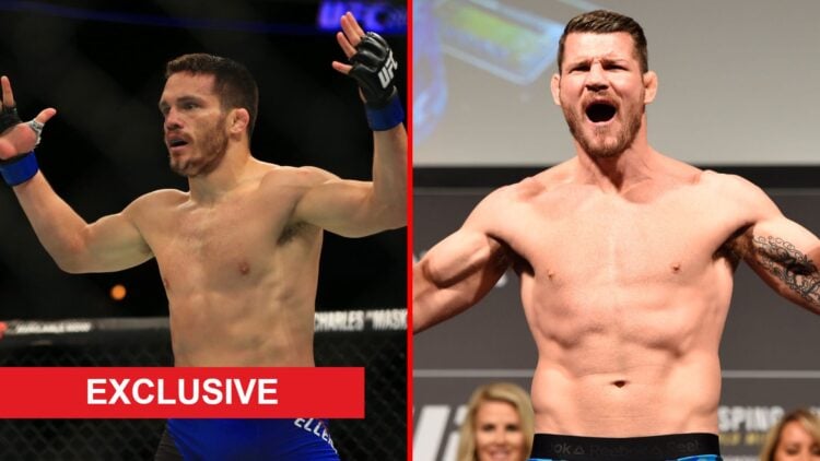 Split image of Jake Ellenberger celebrating and Michael Bisping weighing in with exclusive label