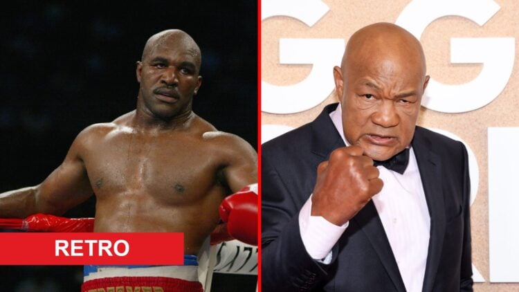 Split image of Evander Holyfield during a fight and George Foreman at a premiere with retro label