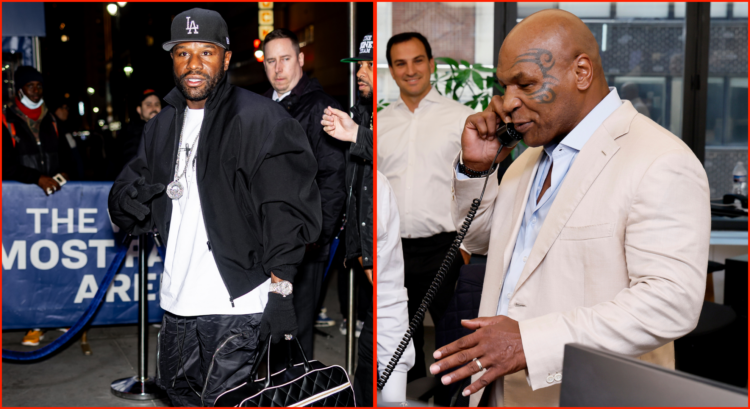 Floyd Mayweather leaving Madison Square Garden (left), Mike Tyson on the phone in Wall Street (right)