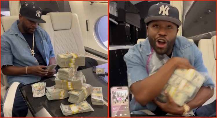 Floyd Mayweather on a private jet counting cash and carrying a bag of cash in a pair of photos
