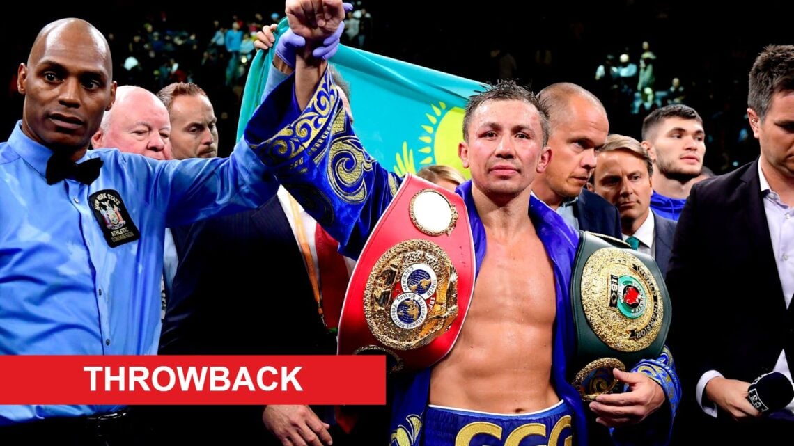 Gennady Golovkin celebrates beating Sergiy Derevyanchenko with throwback label