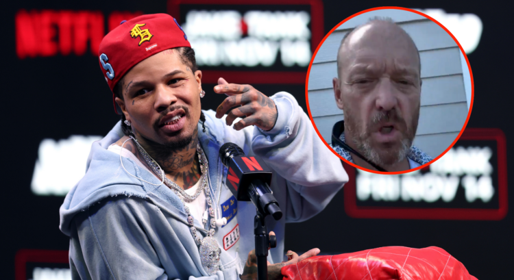 Gervonta Davis wearing a red hat speaks at a Netflix press conference. Bubble shows Greg Paul angrily reacting in an Instagram video