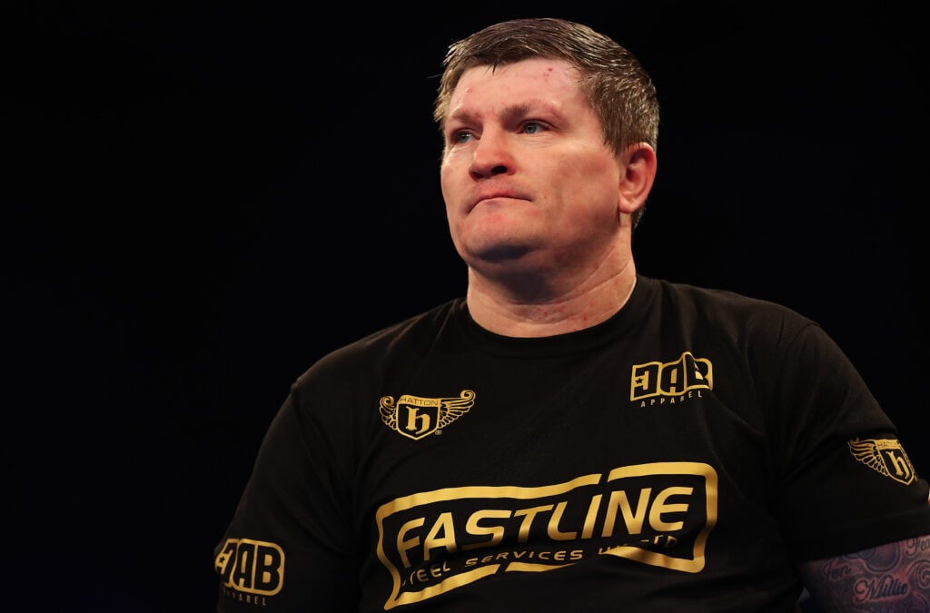 Ex-boxer Ricky Hatton looks on, as he trains Tommy Fury of England during the Light-Heavyweight contest fight at Morningside Arena on March 23, 2019 in Leicester, England.