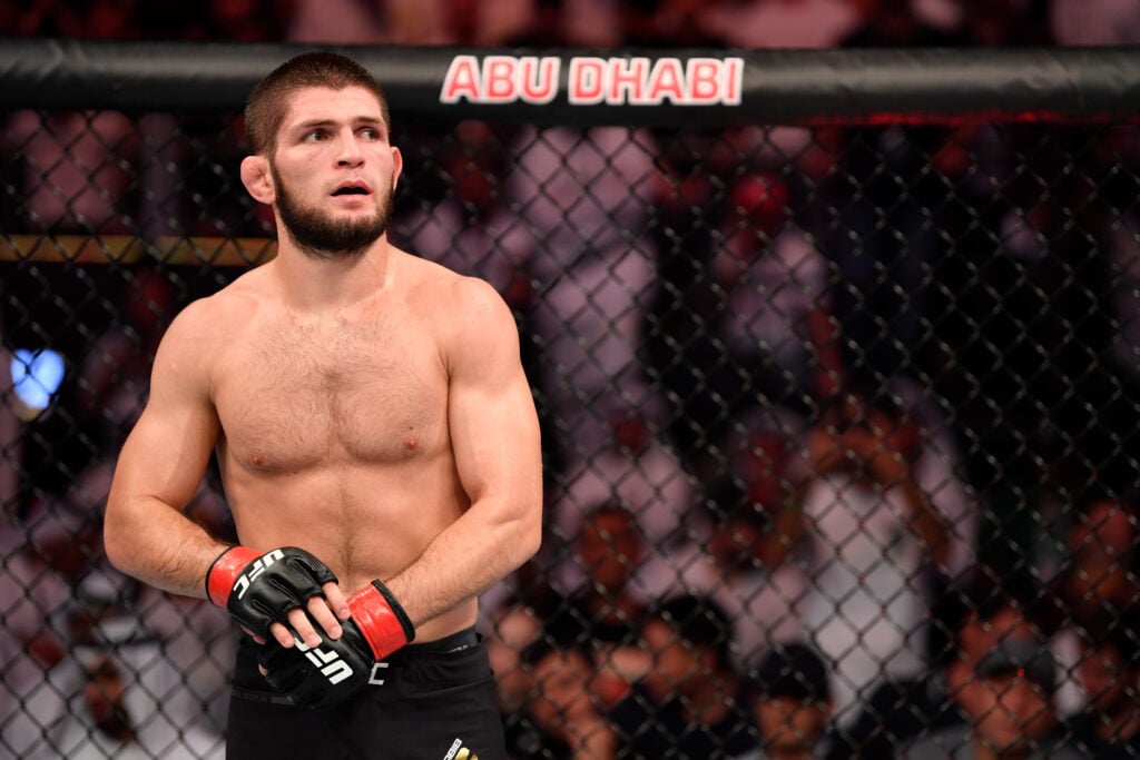 Khabib Nurmagomedov in the Octagon after his submission win over Dustin Poirier in their lightweight title fight at UFC 242 in September, 2019.