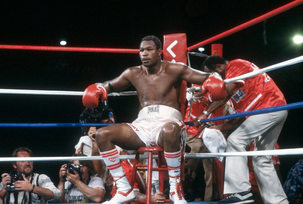 Larry Holmes in his corner between rounds during his heavyweight title fight with Randall Cobb in November, 1982.