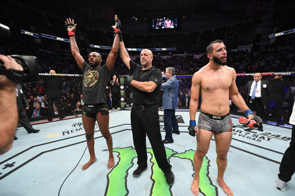 Jon Jones celebrates after his controversial victory over Dominick Reyes