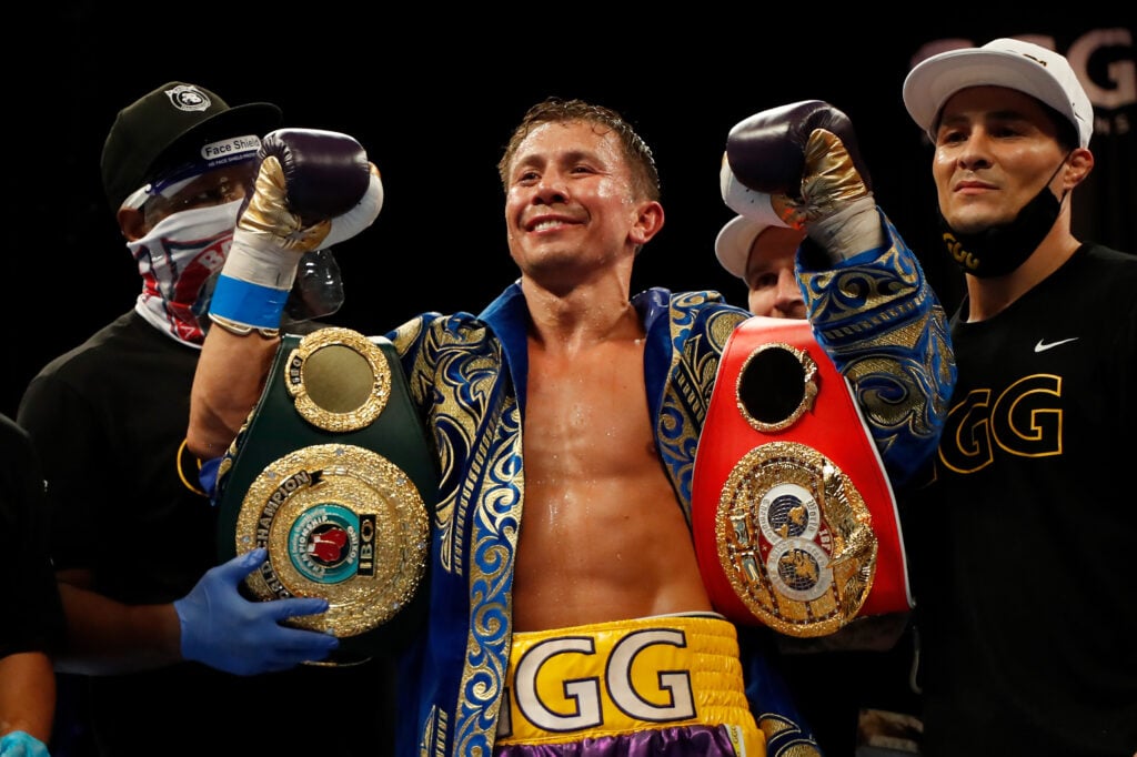Gennady Golovkin celebrates in the ring after his middleweight title fight with Kamil Szeremeta in December, 2020.