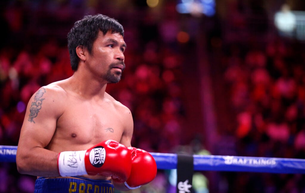 Manny Pacquiao in the ring during his title fight with Yordenis Ugas in August, 2021.