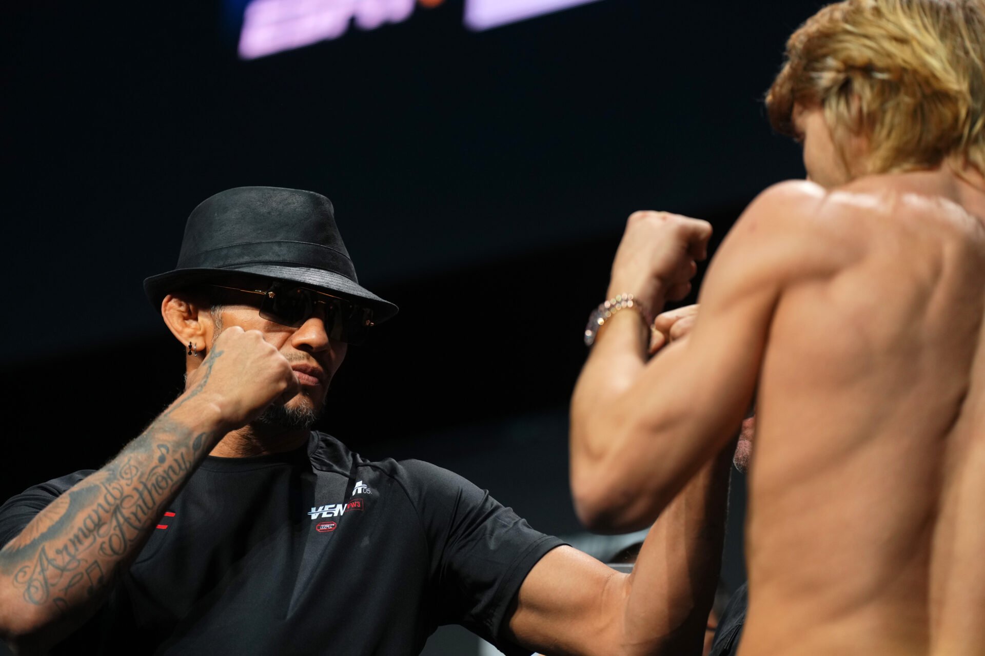 Tony Ferguson faces off with Paddy Pimblett at the UFC 296 Ceremonial Weigh-in