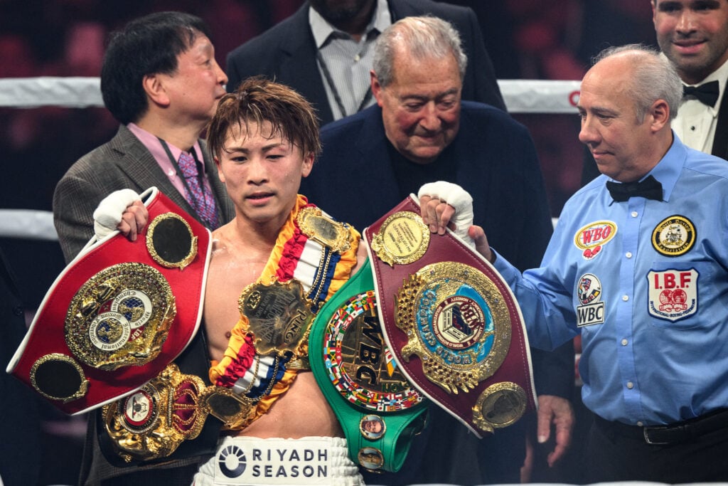 Naoya Inoue celebrates defeating Kim Ye-joon