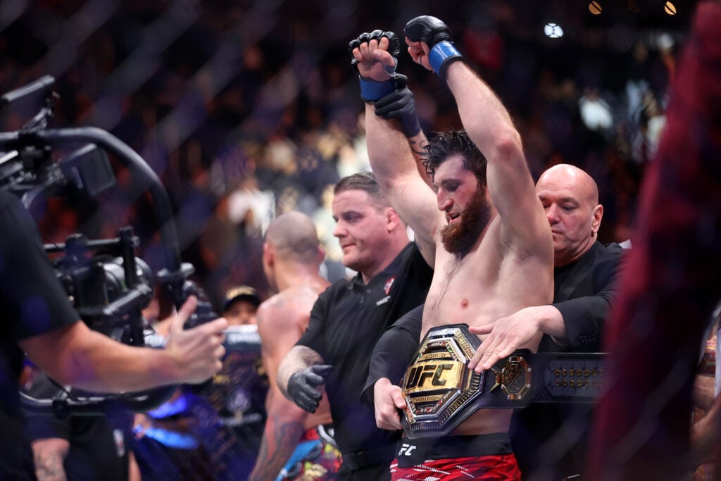 Magomed Ankalaev gets his hand raised against Alex Pereira at UFC 313