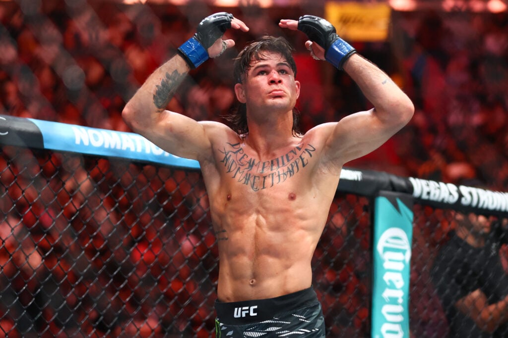 Diego Lopes reacts prior to fighting Alexander Volkanovski