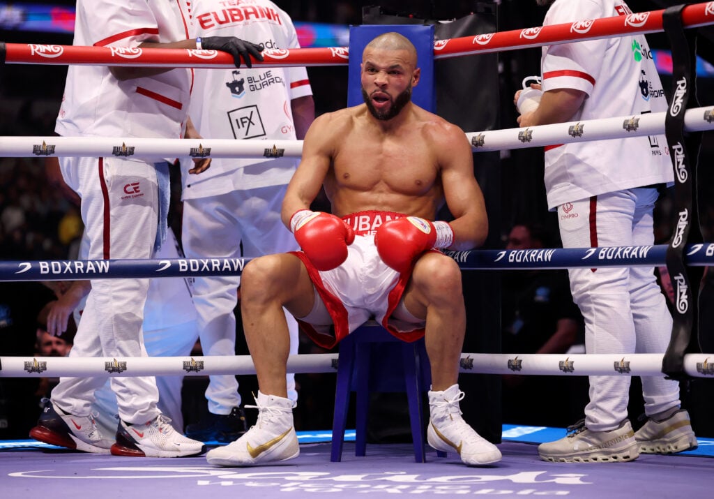 Chris Eubank Jr. in his corner between rounds during his fight with Conor Benn at Tottenham Hotspur Stadium in April, 2025.