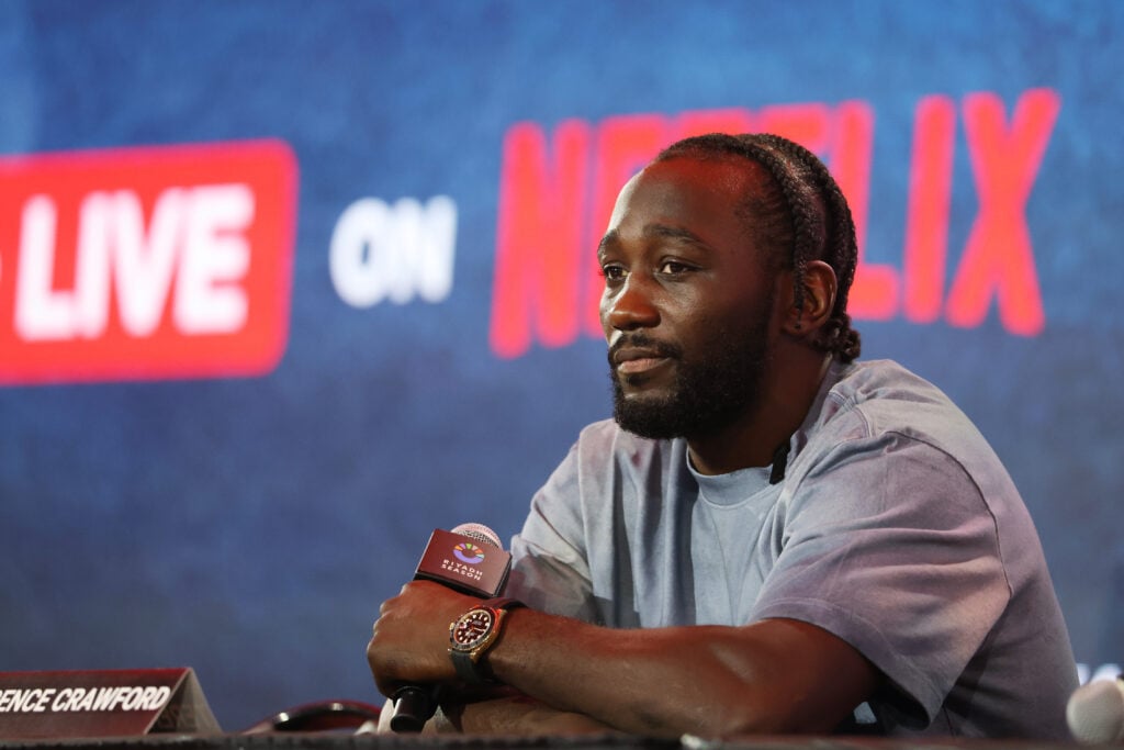 Terence Crawford on stage at a press conference at Fanatics Fest