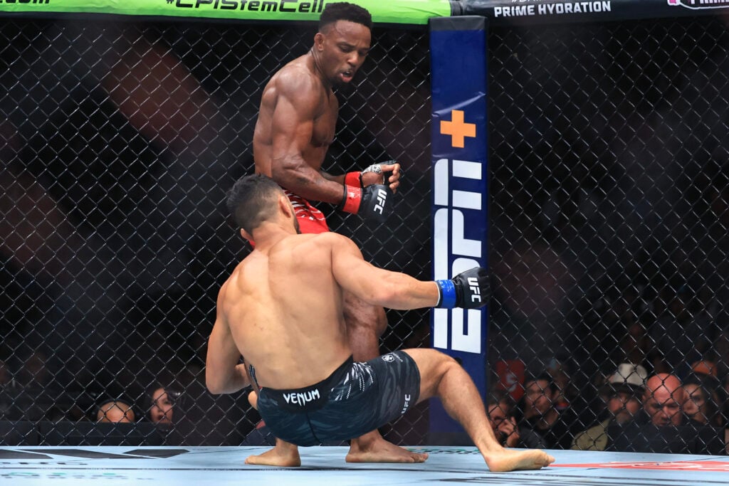 Lerone Murphy catches Aaron Pico with a spinning elbow at UFC 319